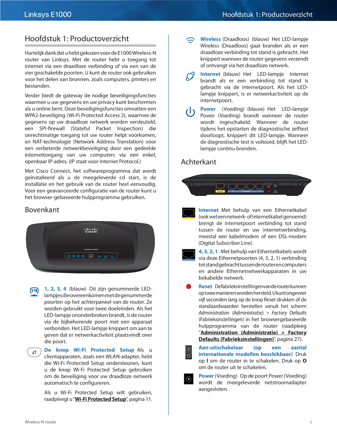 Cisco Systems manual Hoofdstuk 1 Productoverzicht, Bovenkant, Achterkant, Linksys E1000 