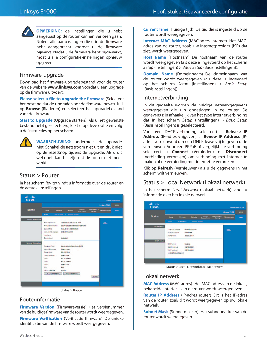 Cisco Systems E1000 manual Status Router, Status Local Network Lokaal netwerk 