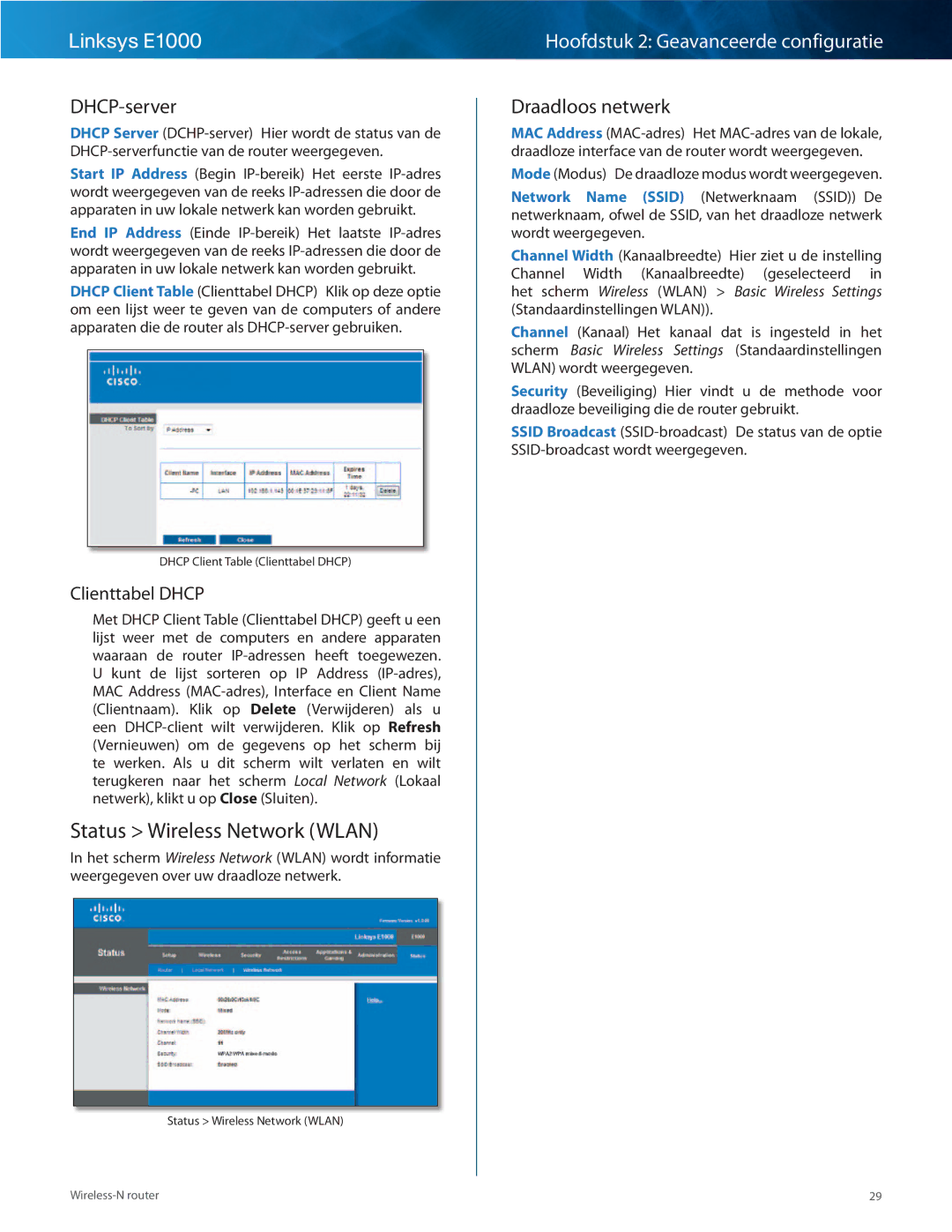 Cisco Systems E1000 manual Status Wireless Network Wlan, DHCP-server, Draadloos netwerk 