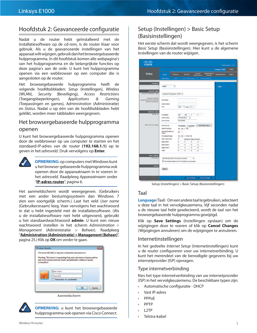 Cisco Systems E1000 manual Hoofdstuk 2 Geavanceerde configuratie, Het browsergebaseerde hulpprogramma openen 