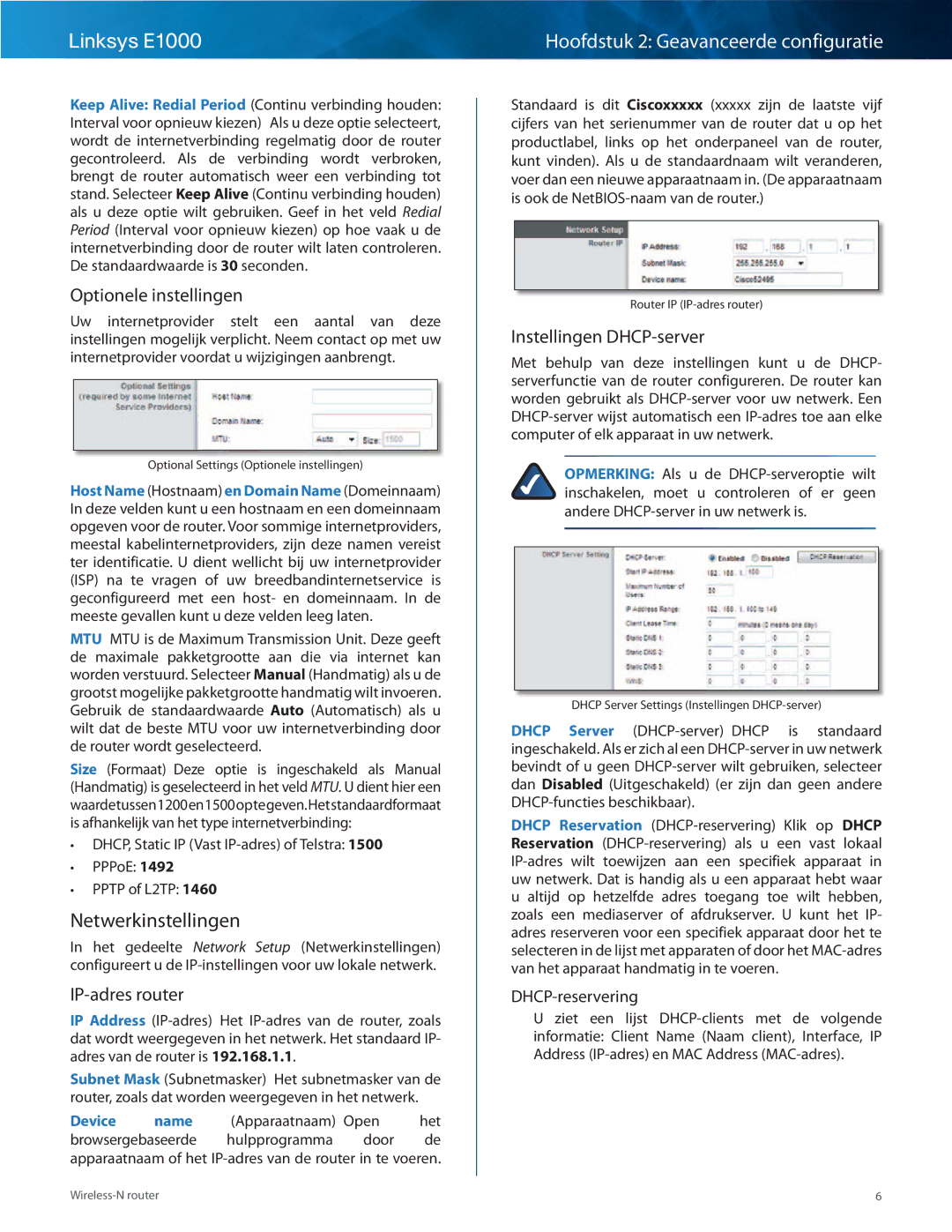 Cisco Systems E1000 manual Netwerkinstellingen, Optionele instellingen, IP-adres router, Instellingen DHCP-server 