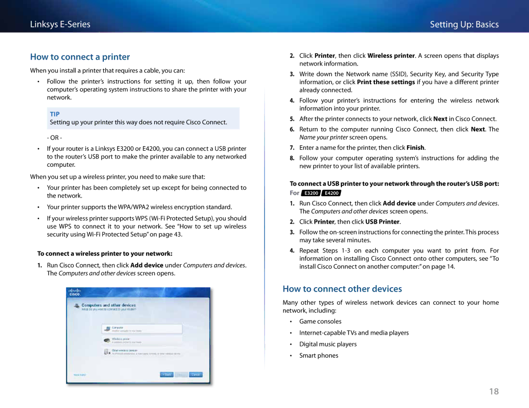 Cisco Systems E1200 How to connect a printer, How to connect other devices, To connect a wireless printer to your network 