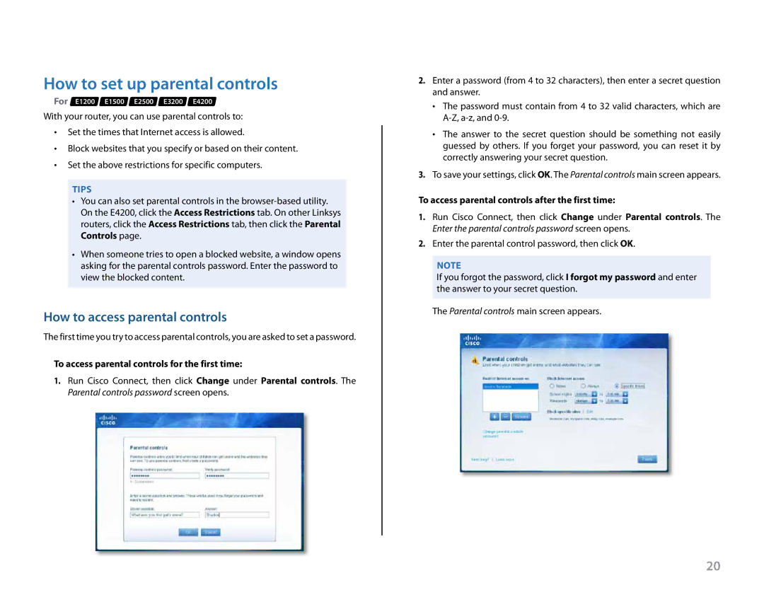 Cisco Systems E1200 manual How to set up parental controls, How to access parental controls 