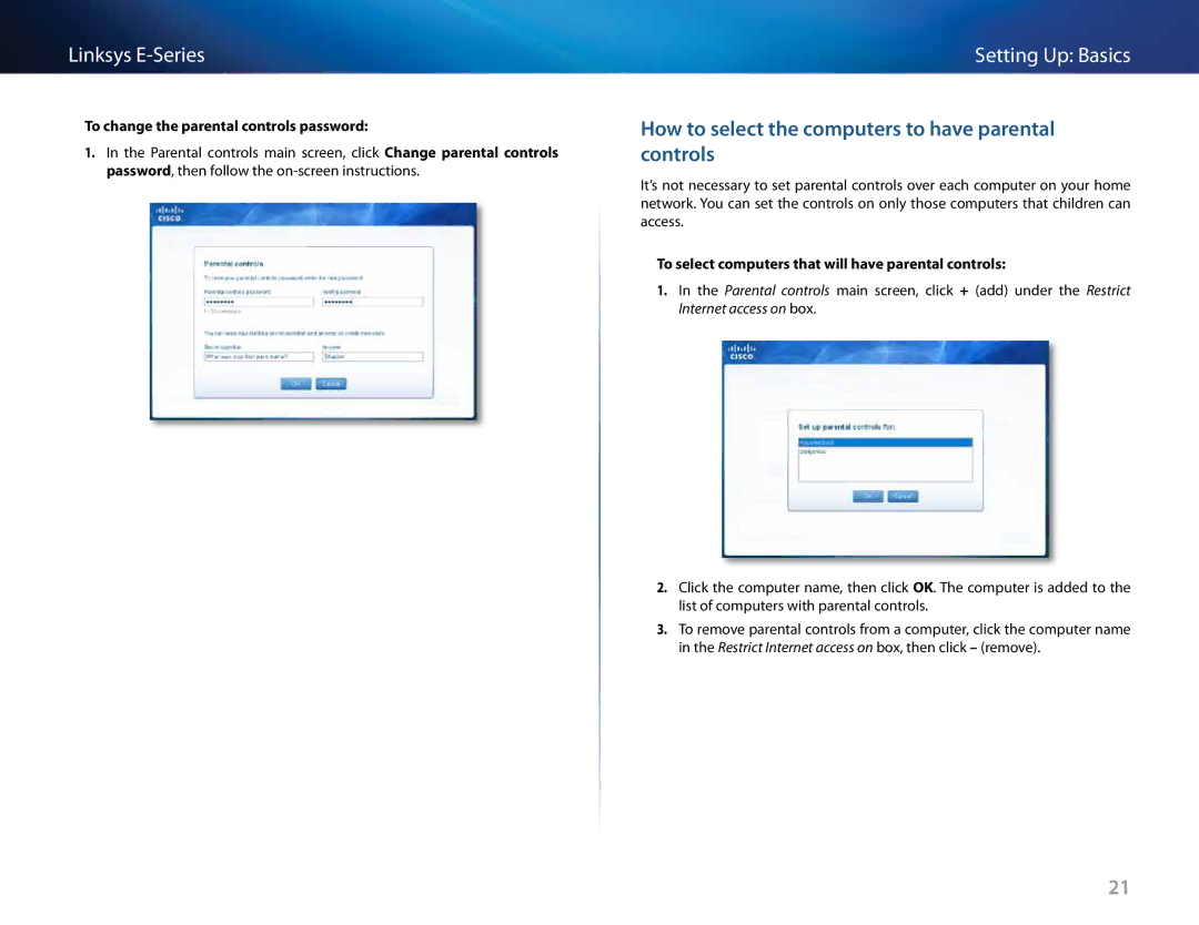 Cisco Systems E1200 manual How to select the computers to have parental controls, To change the parental controls password 