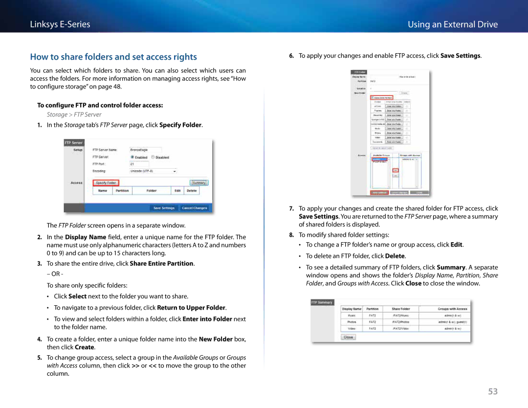 Cisco Systems E1200 manual How to share folders and set access rights, To configure FTP and control folder access 