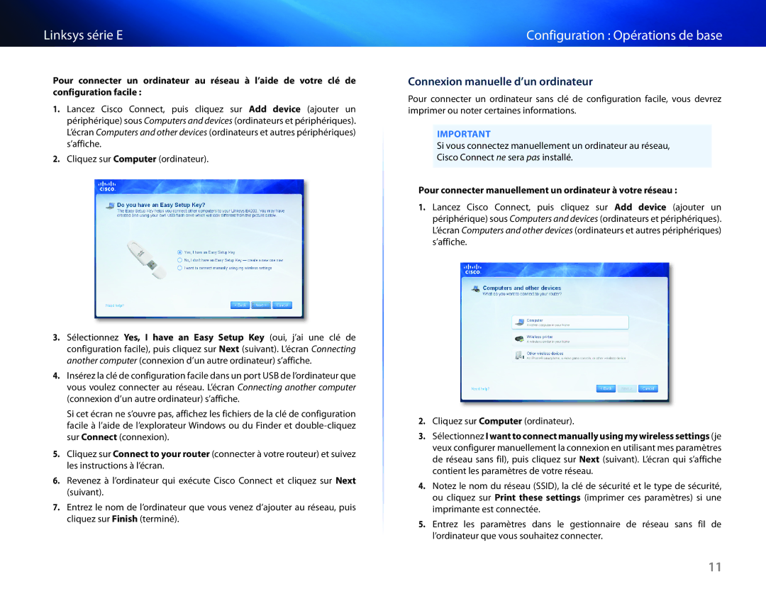 Cisco Systems E1550 manual Connexion manuelle d’un ordinateur, Pour connecter manuellement un ordinateur à votre réseau 