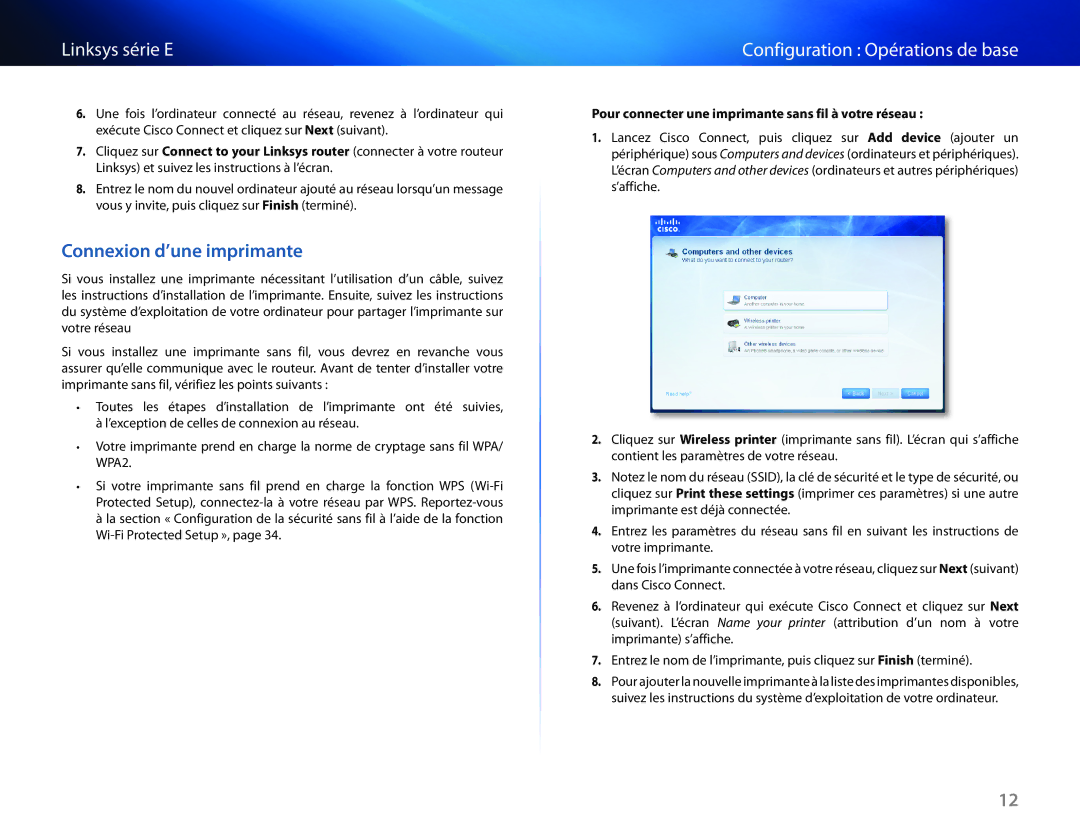 Cisco Systems E1550 manual Connexion d’une imprimante, Pour connecter une imprimante sans fil à votre réseau 