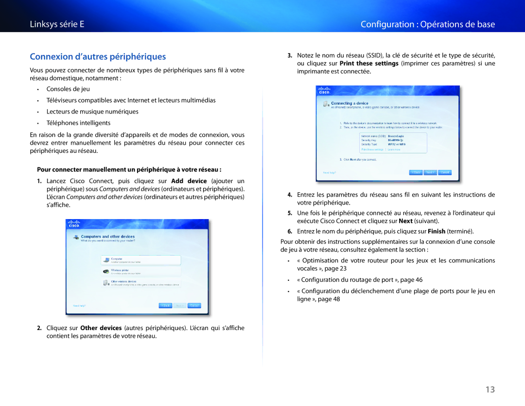 Cisco Systems E1550 manual Connexion d’autres périphériques, Pour connecter manuellement un périphérique à votre réseau 