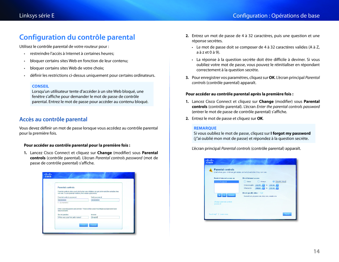 Cisco Systems E1550 manual Configuration du contrôle parental, Accès au contrôle parental 