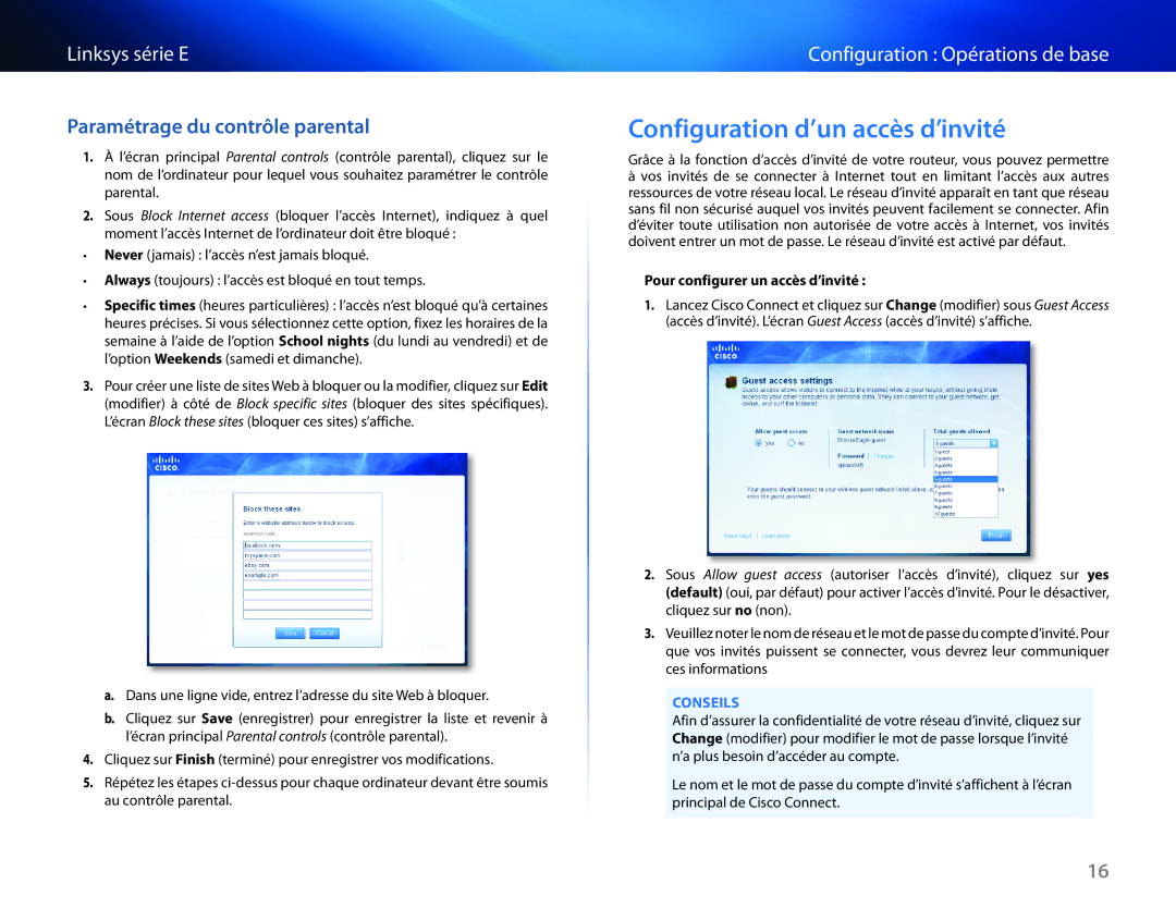 Cisco Systems E1550 Configuration d’un accès d’invité, Paramétrage du contrôle parental, Pour configurer un accès d’invité 