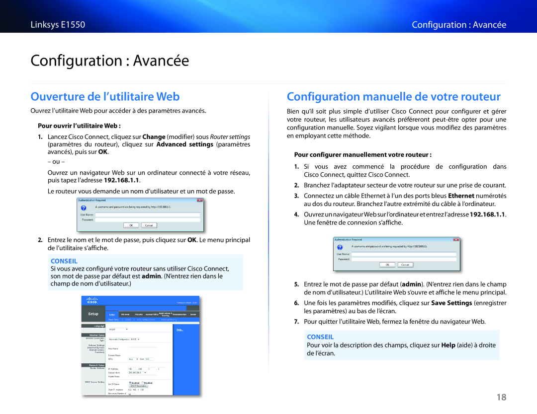 Cisco Systems E1550 manual Configuration Avancée, Ouverture de l’utilitaire Web, Configuration manuelle de votre routeur 