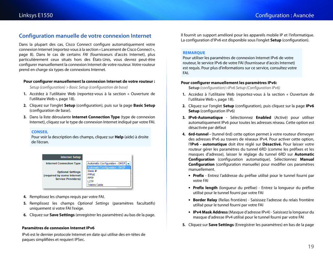 Cisco Systems E1550 manual Configuration manuelle de votre connexion Internet, Configuration Avancée 