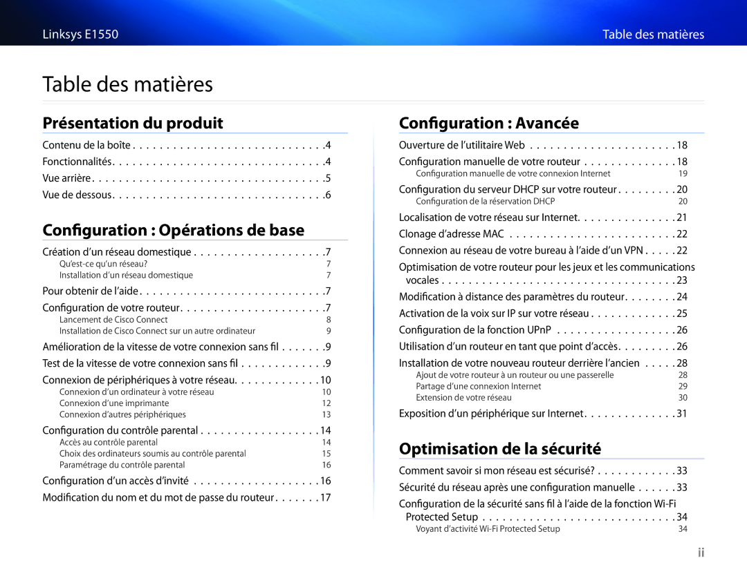 Cisco Systems manual Table des matières, Linksys E1550 