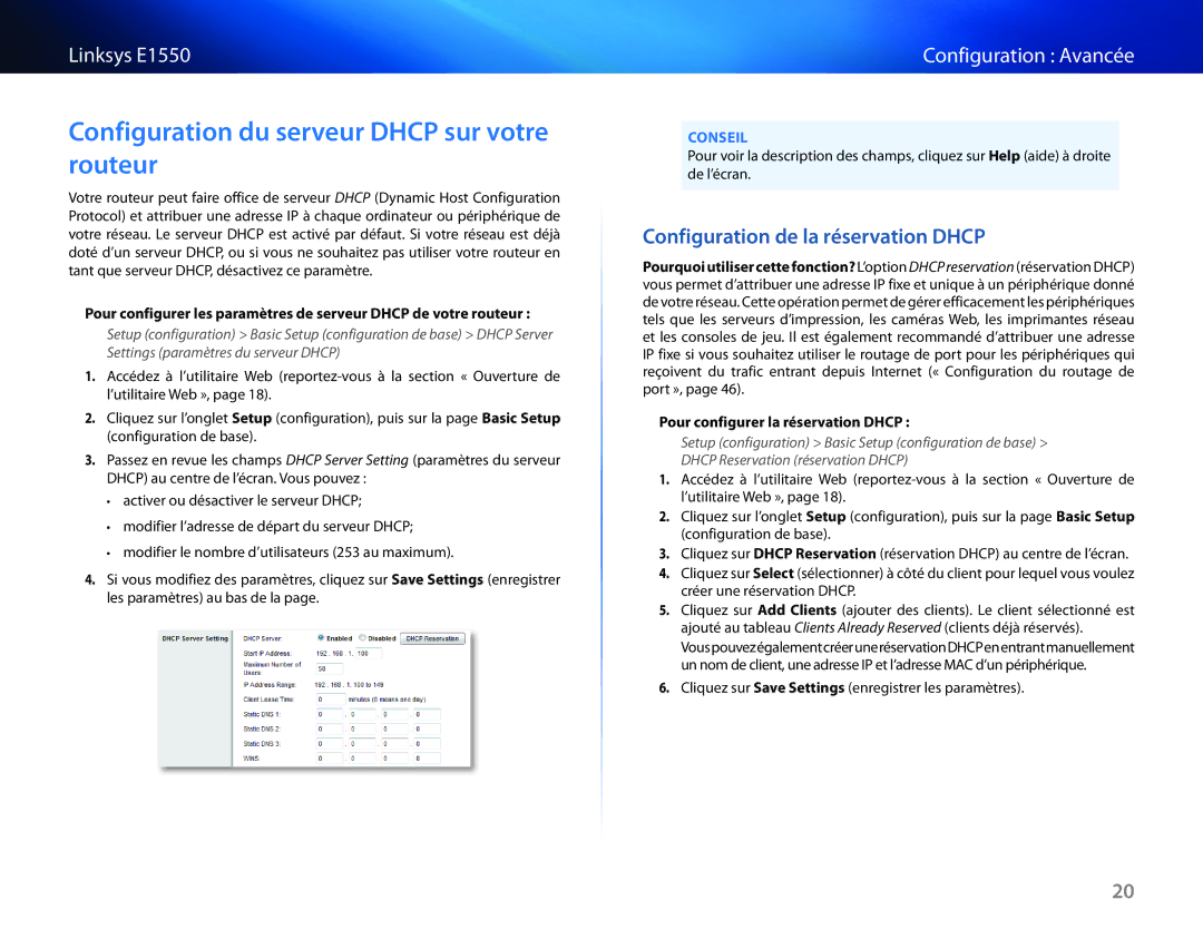 Cisco Systems E1550 manual Configuration du serveur Dhcp sur votre routeur, Configuration de la réservation Dhcp 