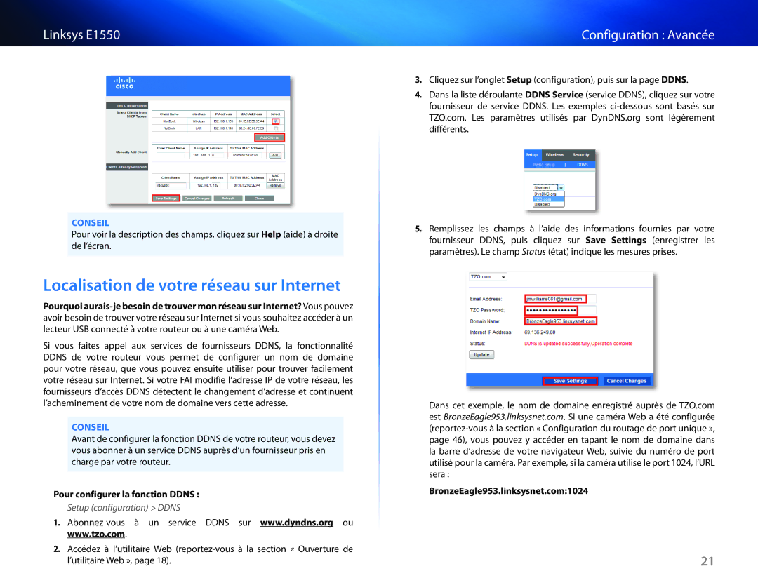 Cisco Systems E1550 Localisation de votre réseau sur Internet, Pour configurer la fonction Ddns, Setup configuration Ddns 