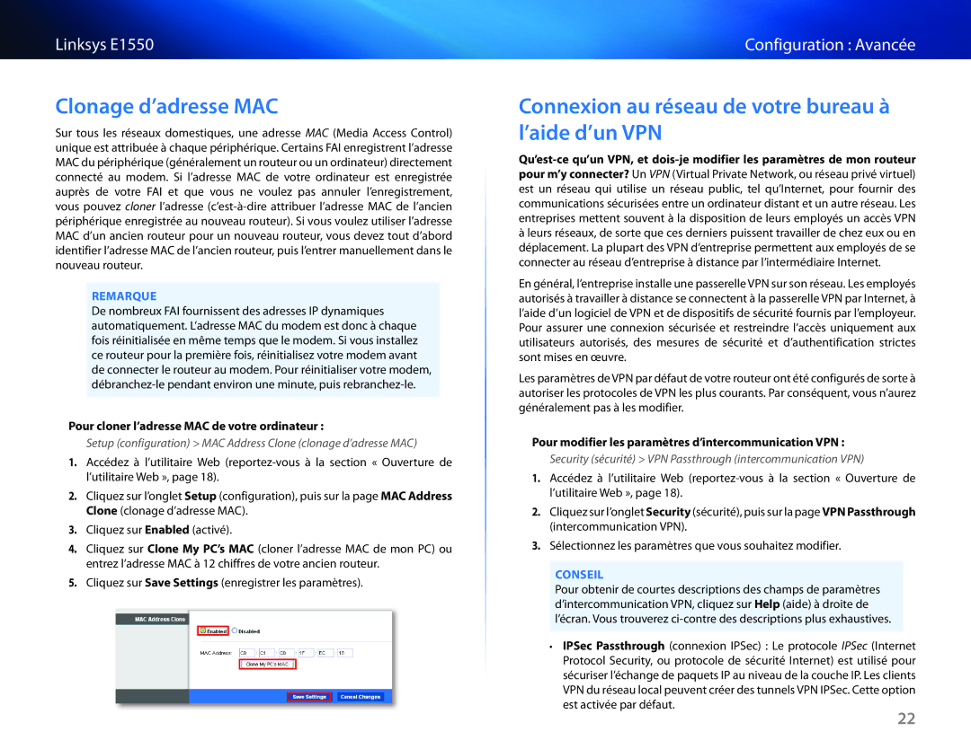 Cisco Systems E1550 manual Clonage d’adresse MAC, Connexion au réseau de votre bureau à l’aide d’un VPN 