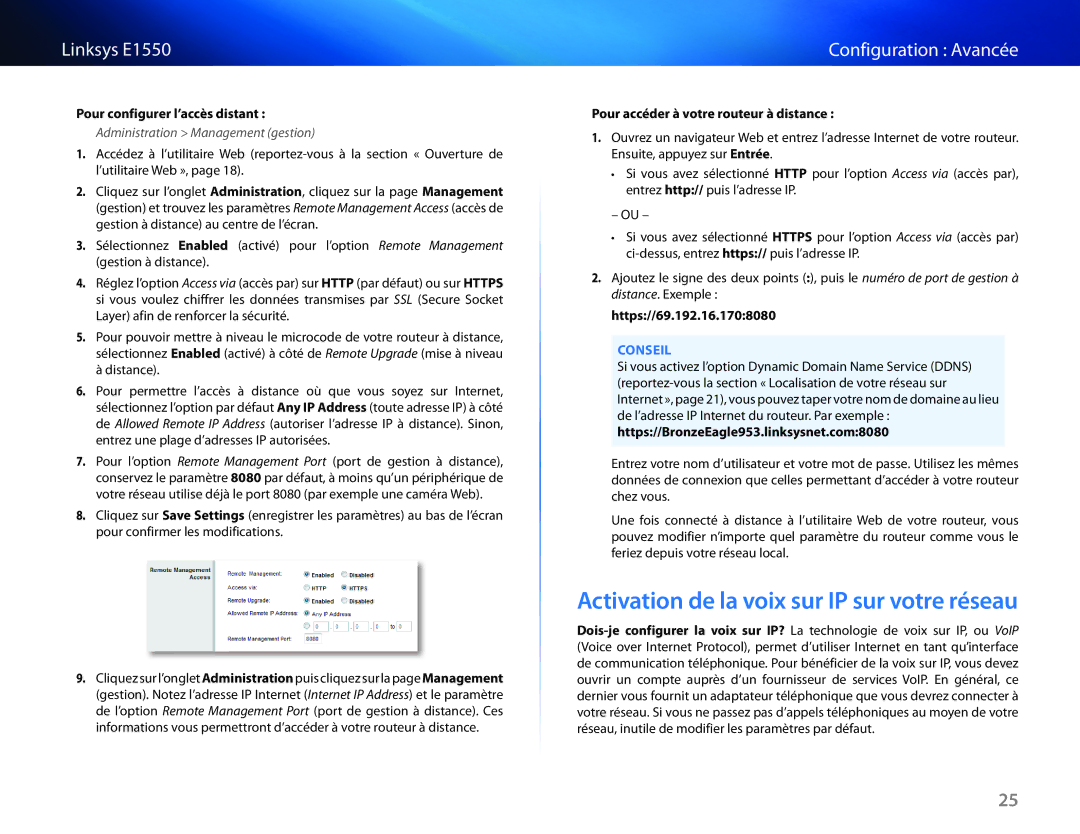 Cisco Systems E1550 manual Pour configurer l’accès distant, Administration Management gestion, Https//69.192.16.1708080 