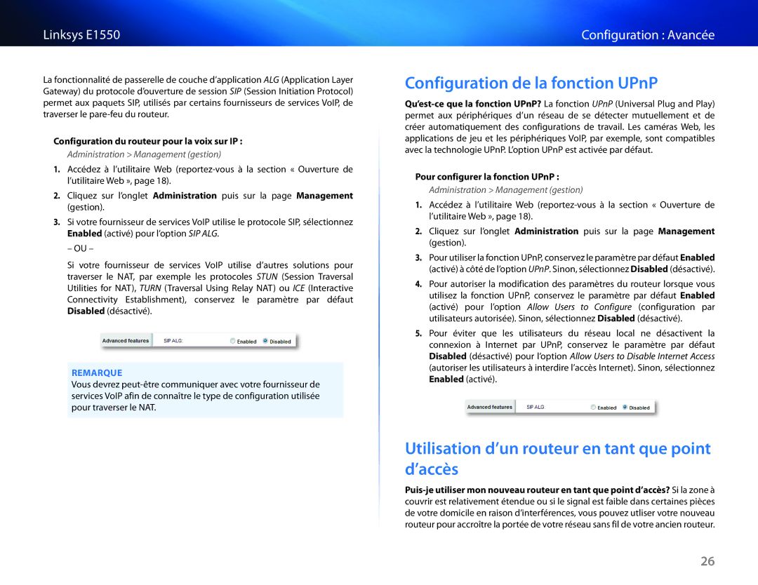 Cisco Systems E1550 manual Configuration de la fonction UPnP, Utilisation d’un routeur en tant que point d’accès 