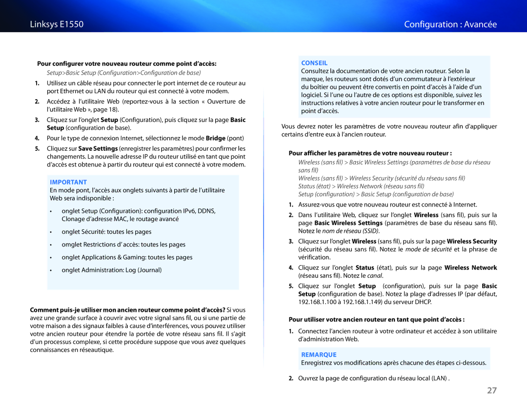 Cisco Systems E1550 manual Pour configurer votre nouveau routeur comme point d’accès 