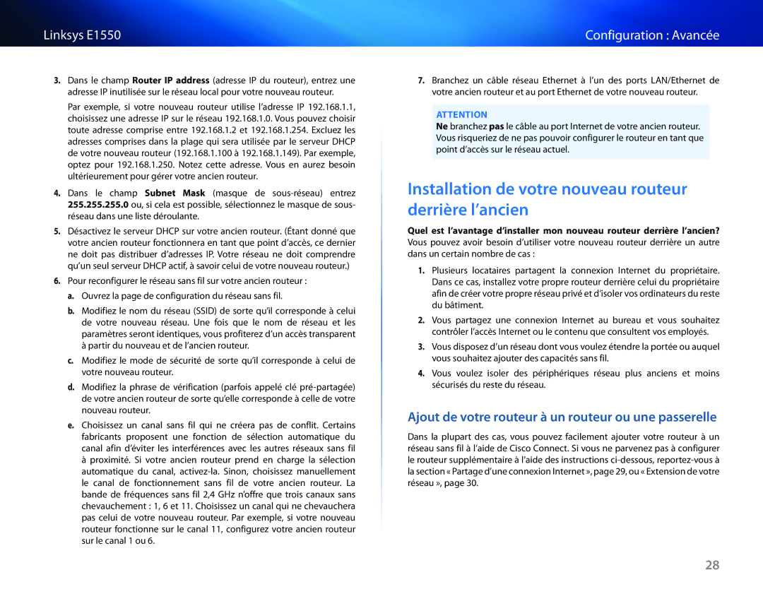 Cisco Systems E1550 manual Installation de votre nouveau routeur derrière l’ancien 