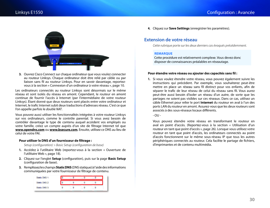 Cisco Systems E1550 manual Extension de votre réseau, Pour utiliser le DNS d’un fournisseur de filtrage 