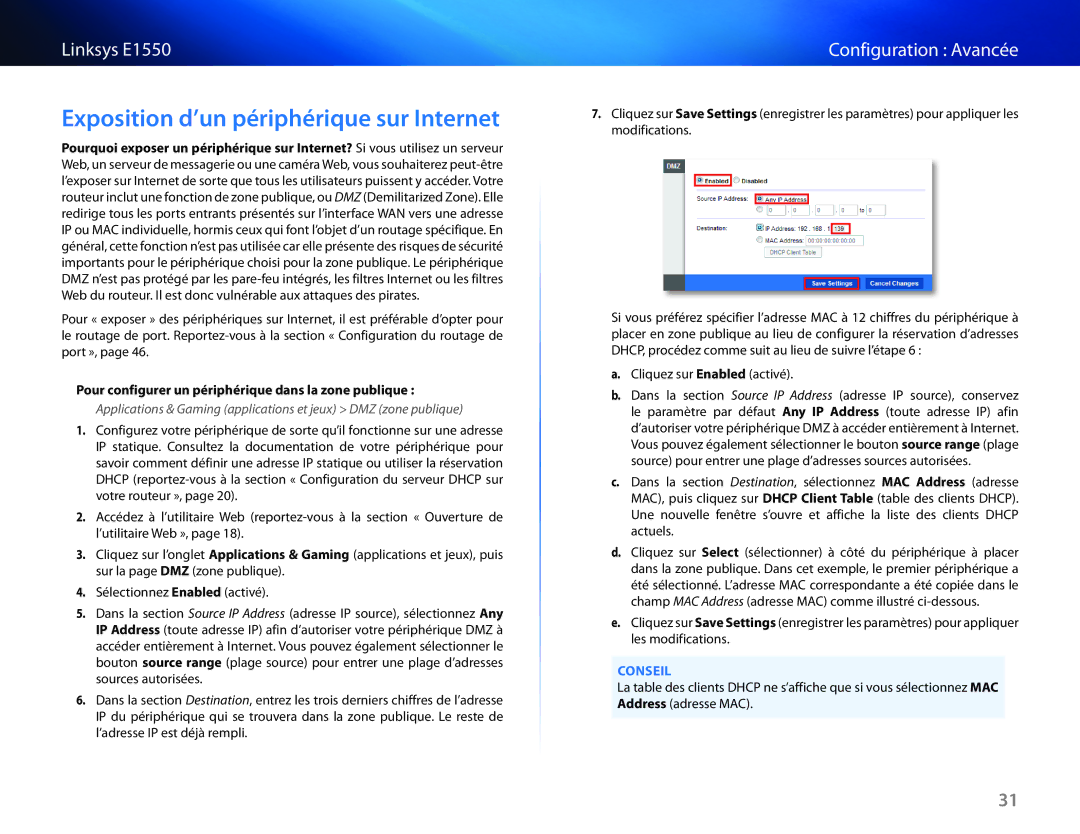 Cisco Systems E1550 manual Exposition d’un périphérique sur Internet, Pour configurer un périphérique dans la zone publique 