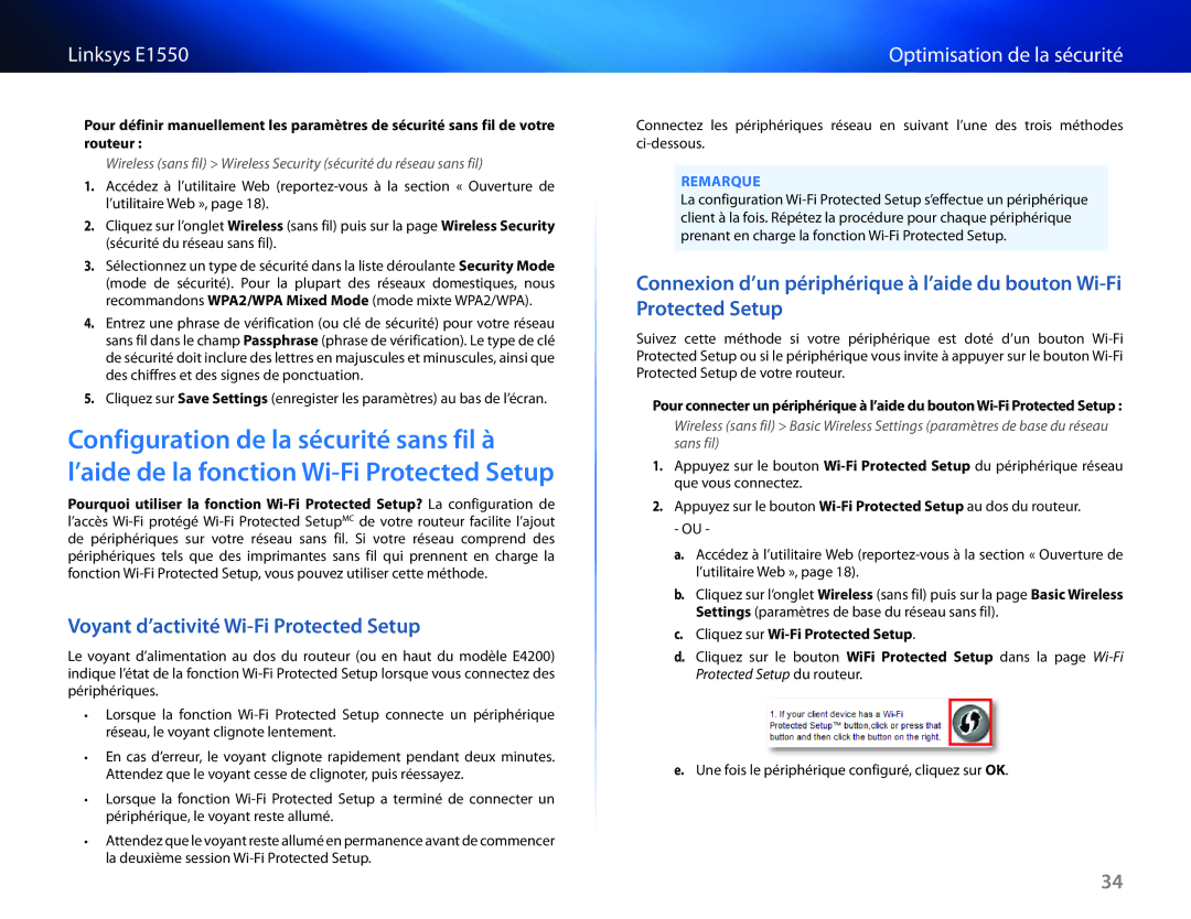 Cisco Systems E1550 manual Voyant d’activité Wi-Fi Protected Setup, Optimisation de la sécurité 