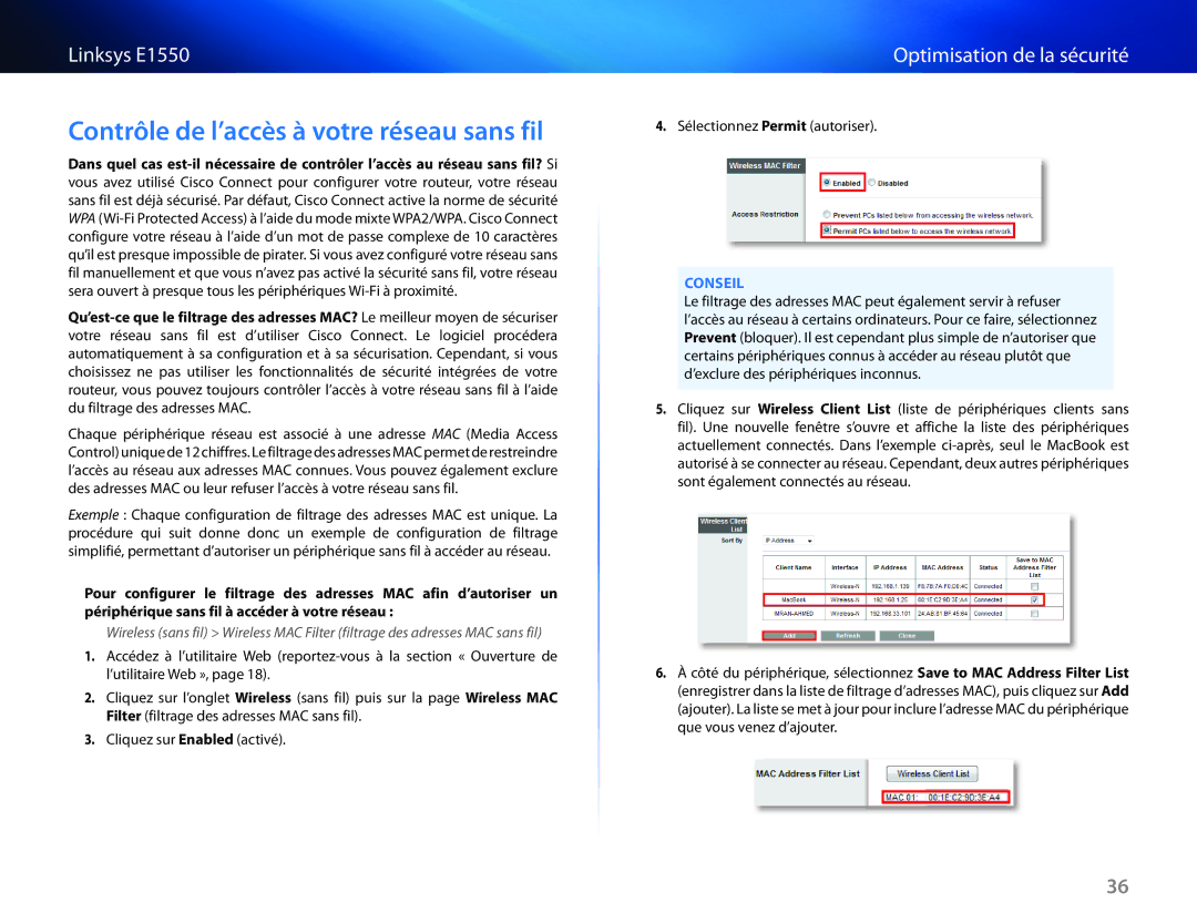 Cisco Systems E1550 manual Contrôle de l’accès à votre réseau sans fil 