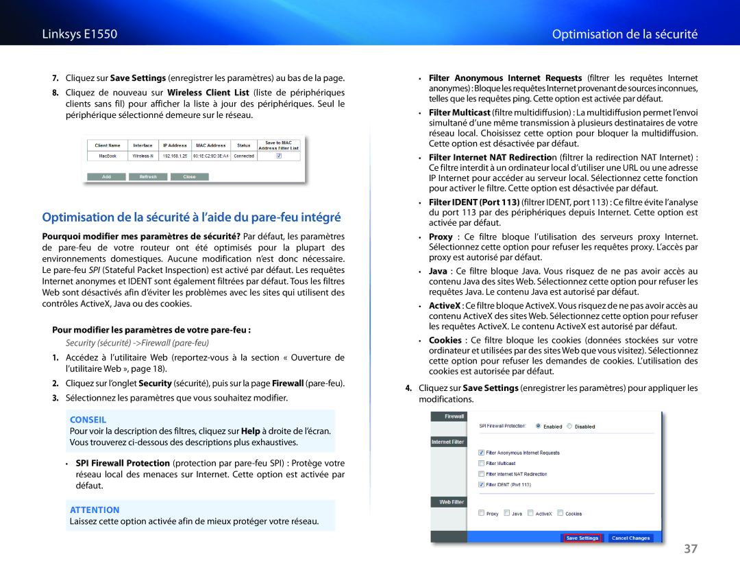 Cisco Systems E1550 manual Optimisation de la sécurité à l’aide du pare-feu intégré, Security sécurité -Firewall pare-feu 