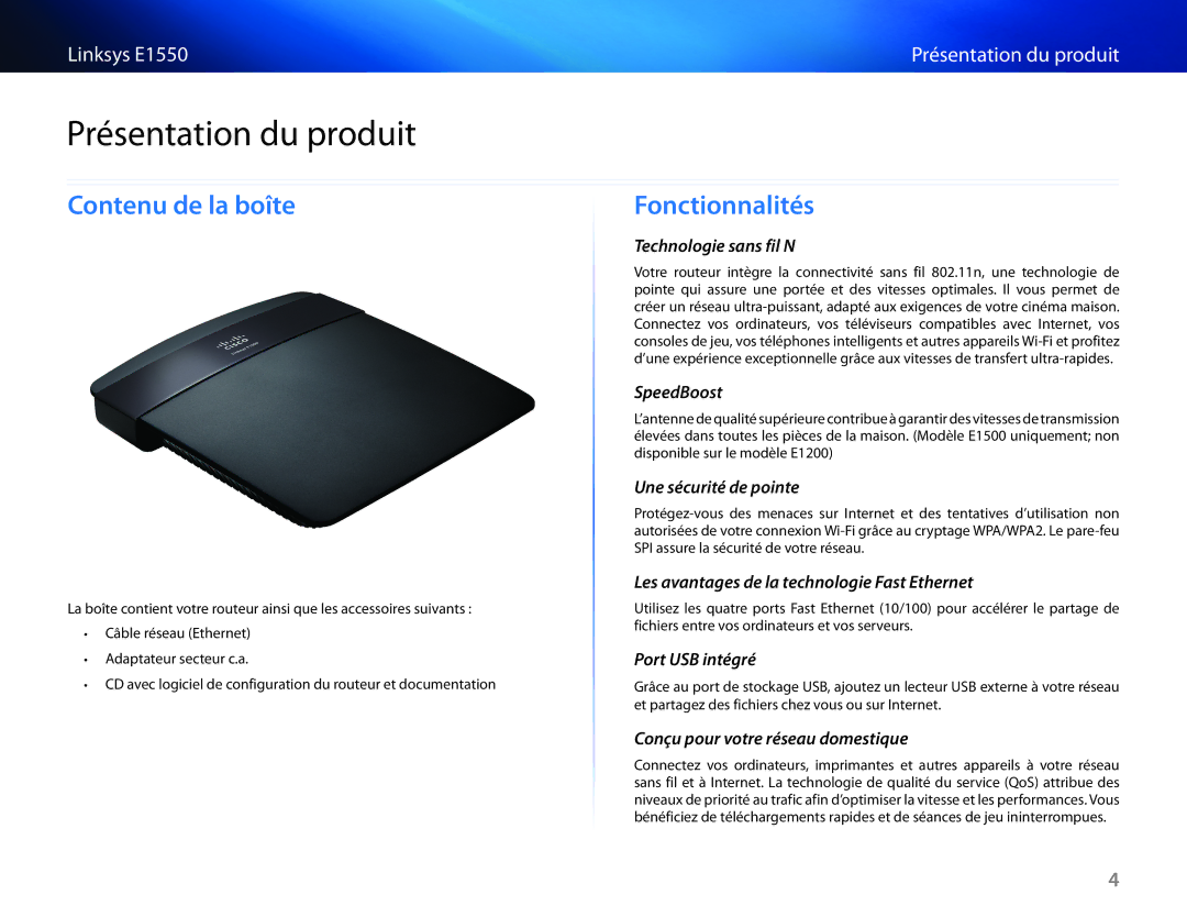 Cisco Systems E1550 manual Présentation du produit, Contenu de la boîte, Fonctionnalités 