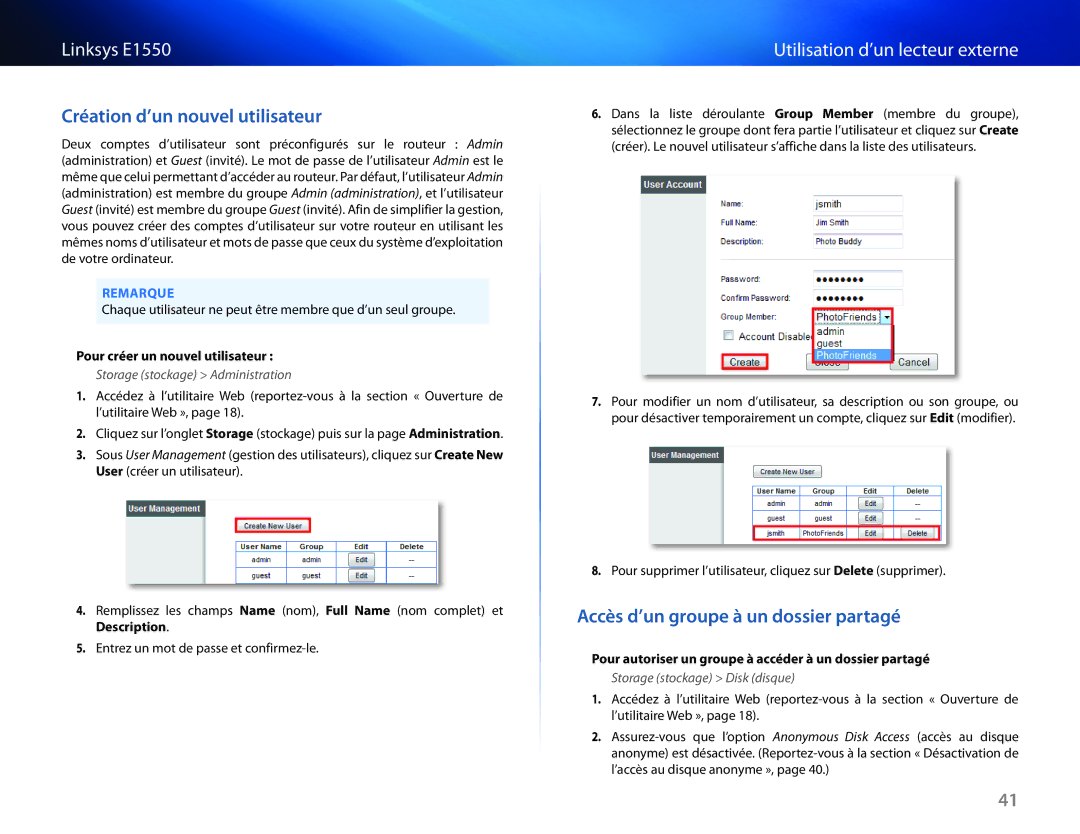 Cisco Systems E1550 manual Création d’un nouvel utilisateur, Accès d’un groupe à un dossier partagé 