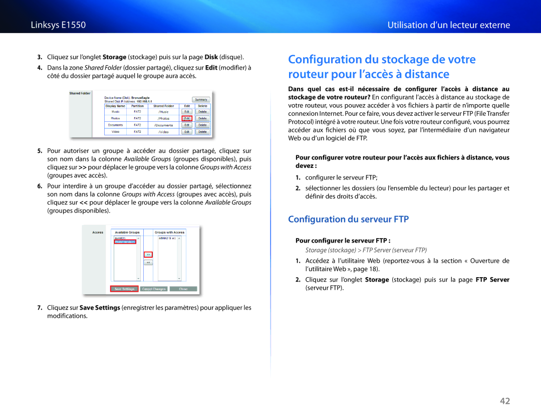 Cisco Systems E1550 Configuration du serveur FTP, Pour configurer le serveur FTP, Storage stockage FTP Server serveur FTP 