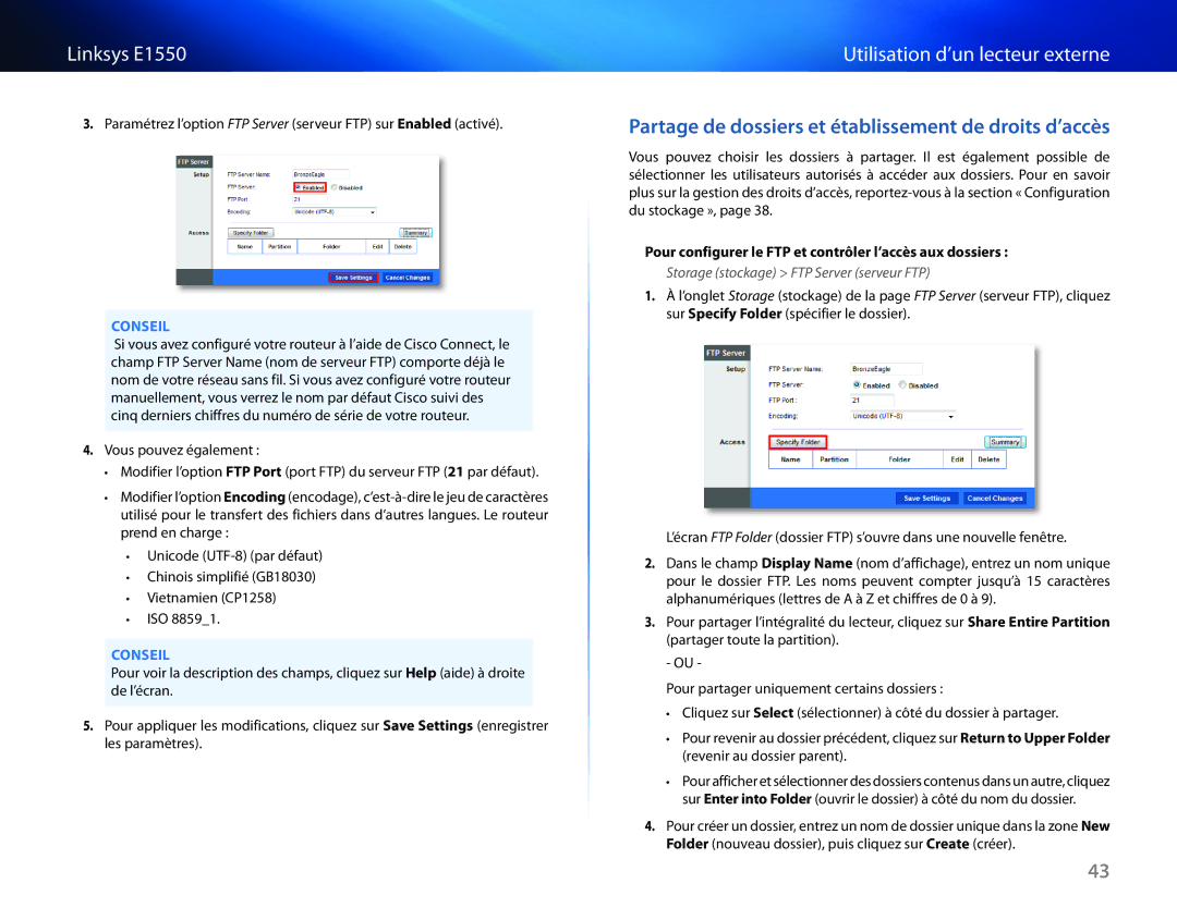 Cisco Systems E1550 manual Partage de dossiers et établissement de droits d’accès 