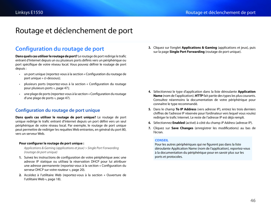 Cisco Systems E1550 manual Routage et déclenchement de port, Configuration du routage de port 