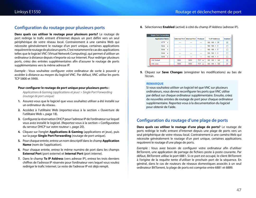 Cisco Systems E1550 manual Configuration du routage pour plusieurs ports, Routage et déclenchement de port 