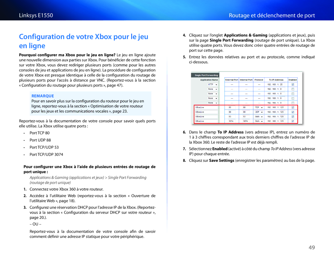 Cisco Systems E1550 manual Configuration de votre Xbox pour le jeu en ligne 