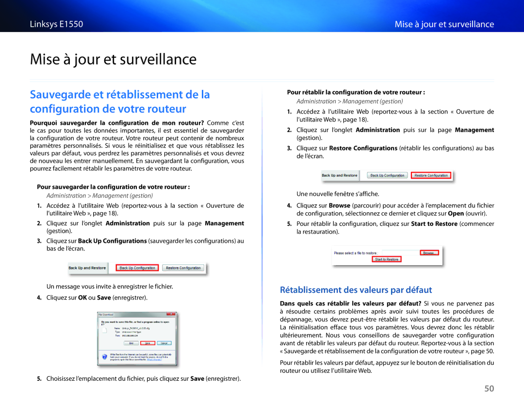 Cisco Systems E1550 manual Mise à jour et surveillance, Rétablissement des valeurs par défaut 