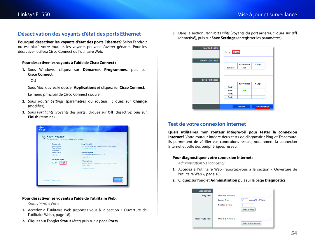 Cisco Systems E1550 manual Désactivation des voyants d’état des ports Ethernet, Test de votre connexion Internet 