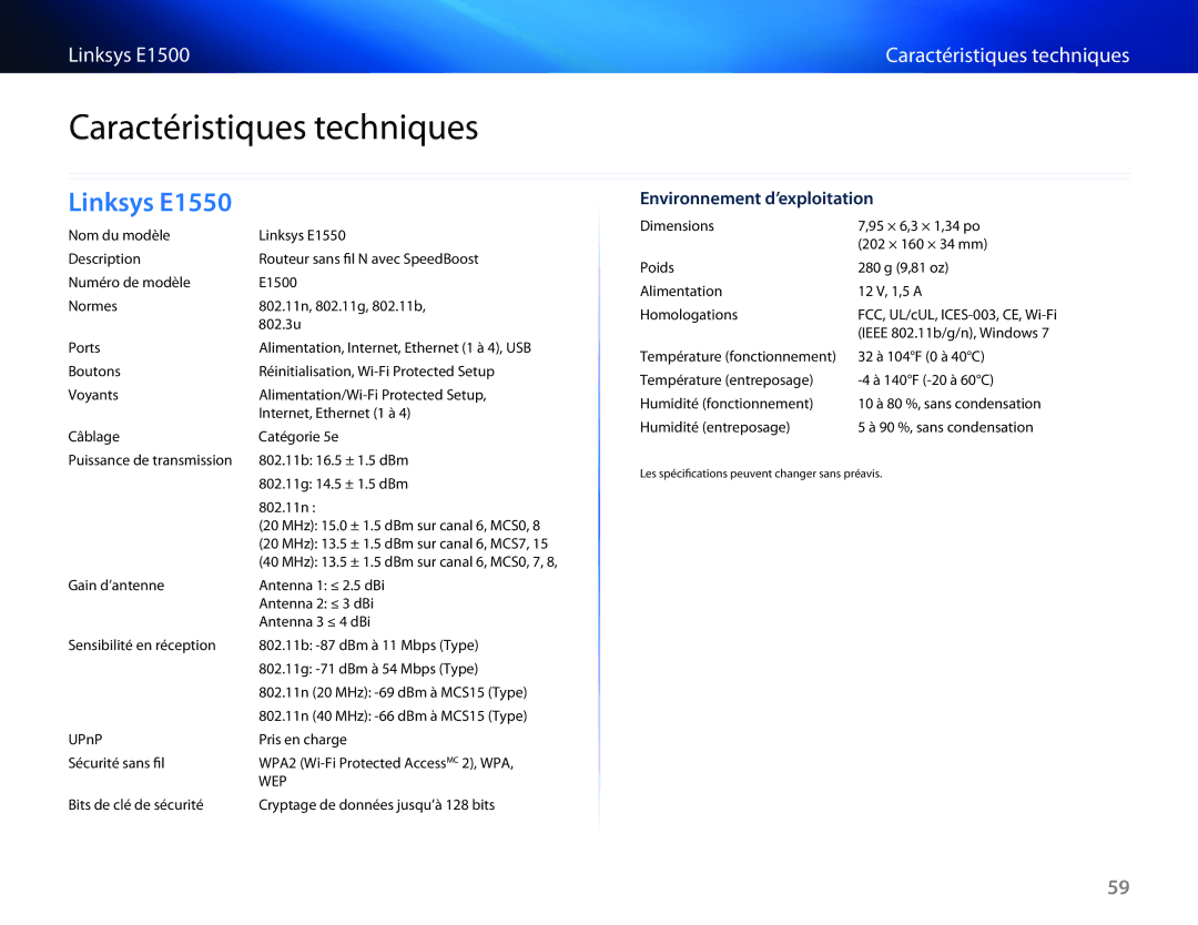 Cisco Systems E1550 manual Caractéristiques techniques, Linksys E1500 