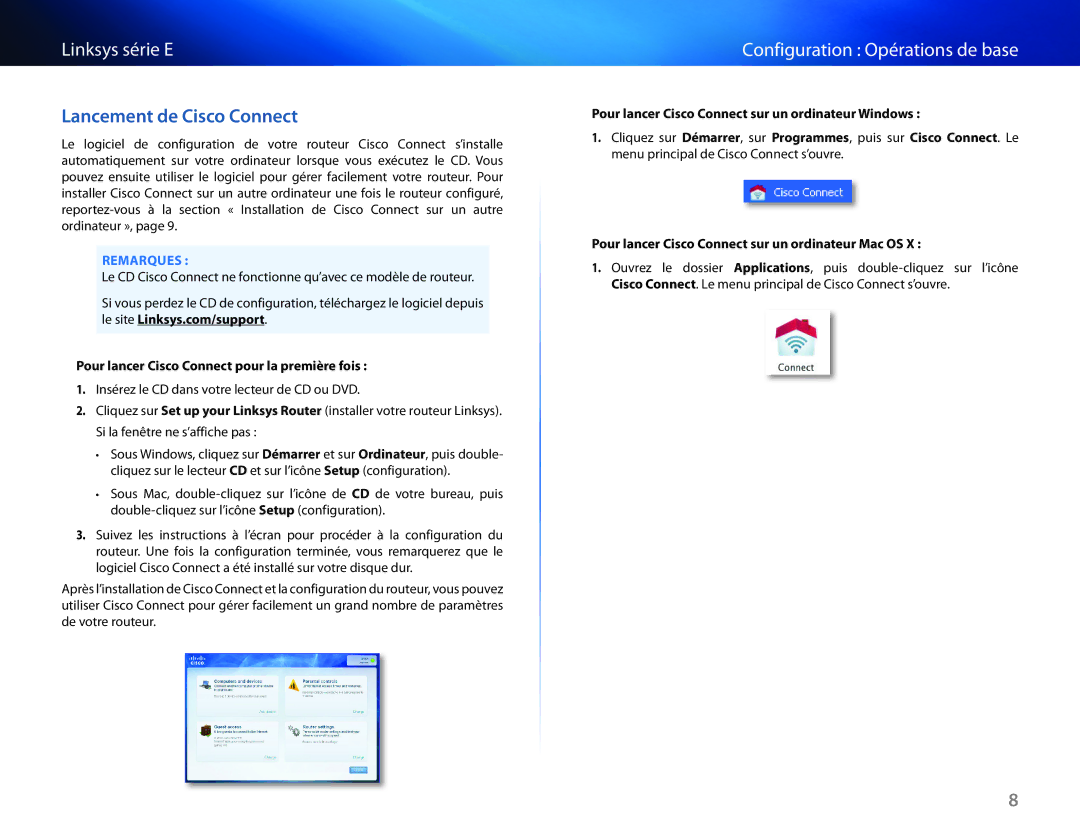 Cisco Systems E1550 manual Lancement de Cisco Connect, Configuration Opérations de base 