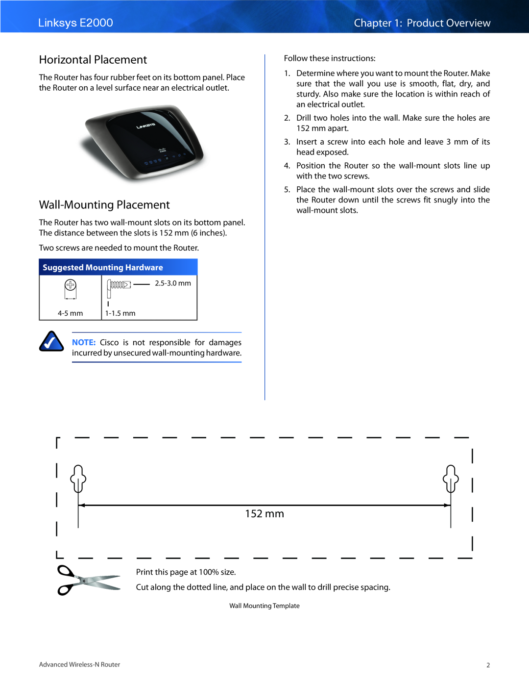Cisco Systems manual Horizontal Placement, Wall-Mounting Placement, Suggested Mounting Hardware, 152 mm, Linksys E2000 