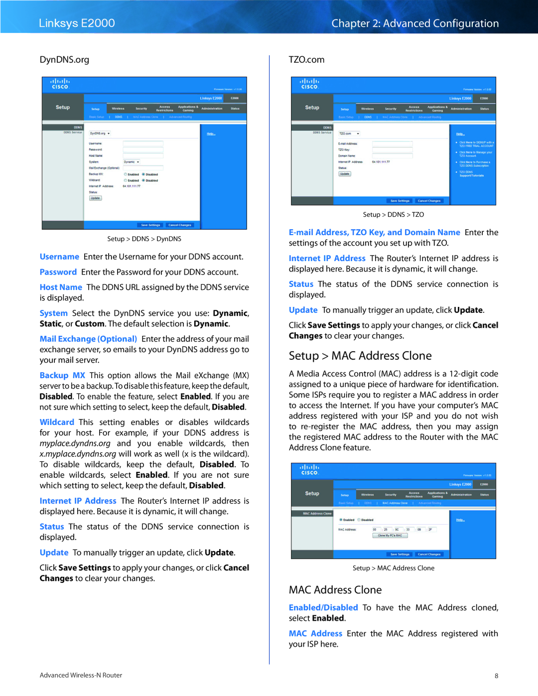 Cisco Systems E2000 manual Setup MAC Address Clone, DynDNS..org, TZO..com 