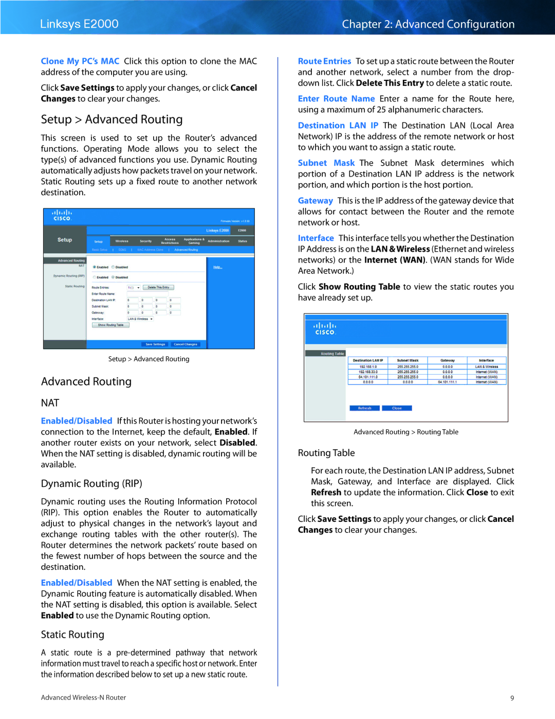 Cisco Systems E2000 manual Setup Advanced Routing, Dynamic Routing RIP, Static Routing, Routing Table 