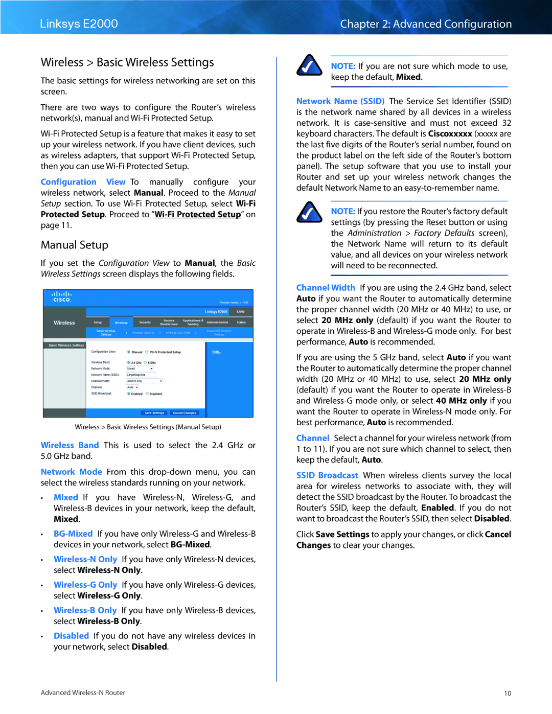 Cisco Systems E2000 manual Wireless Basic Wireless Settings, Manual Setup 