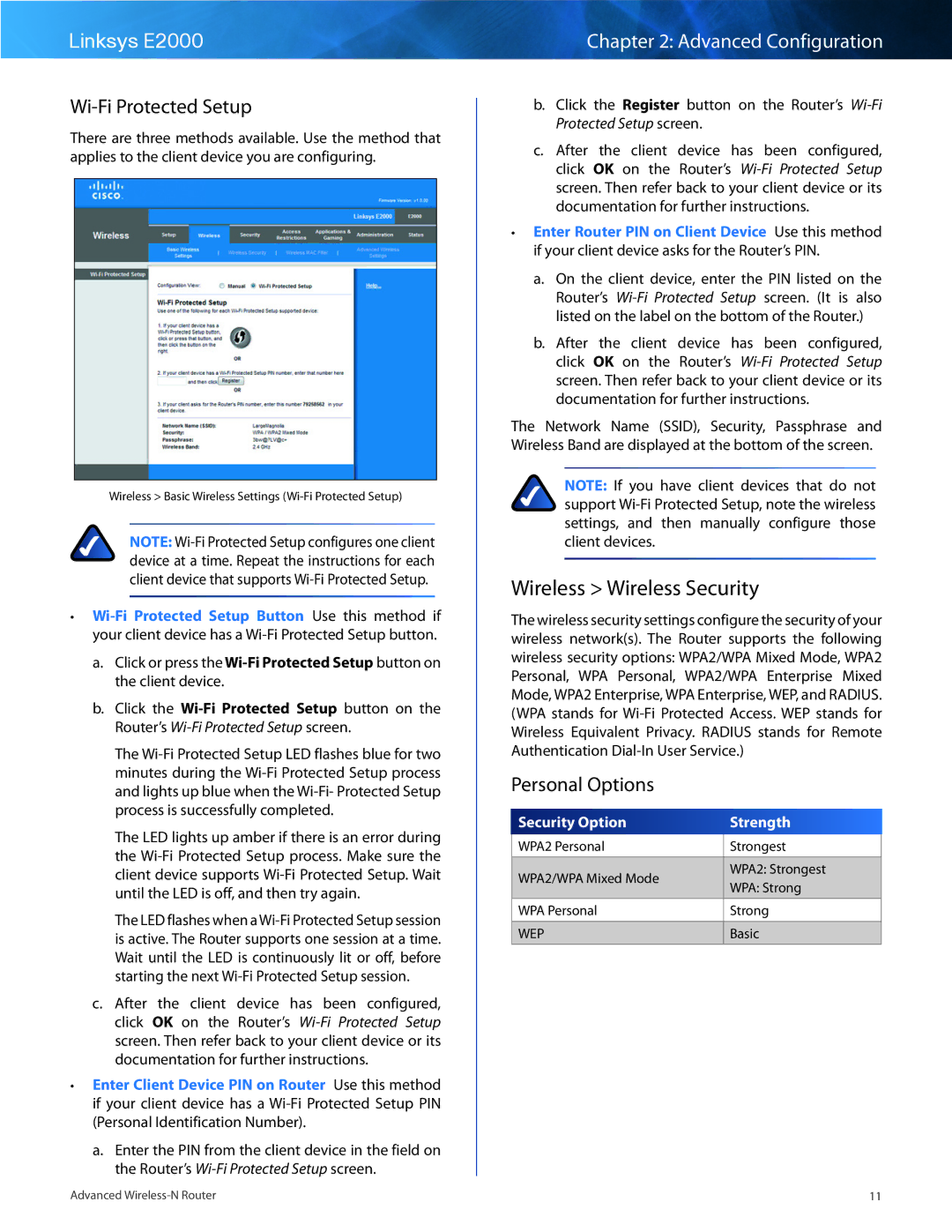 Cisco Systems E2000 manual Wireless Wireless Security, Wi-Fi Protected Setup, Personal Options 