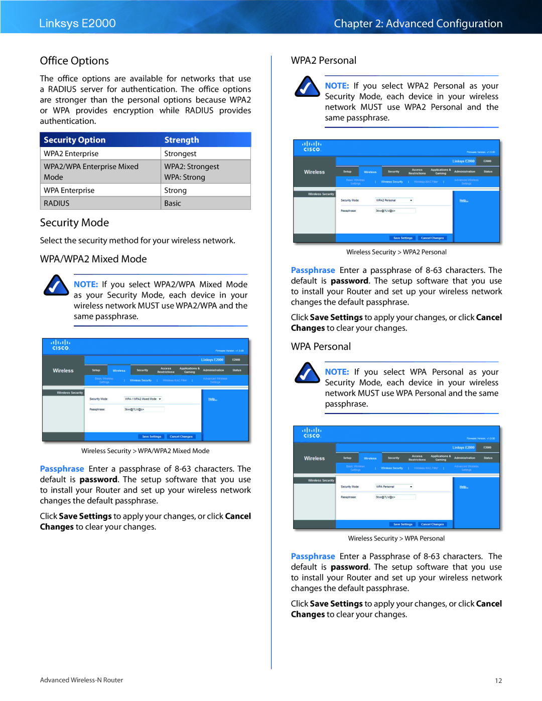Cisco Systems E2000 manual Office Options, Security Mode, WPA/WPA2 Mixed Mode, WPA2 Personal, WPA Personal 