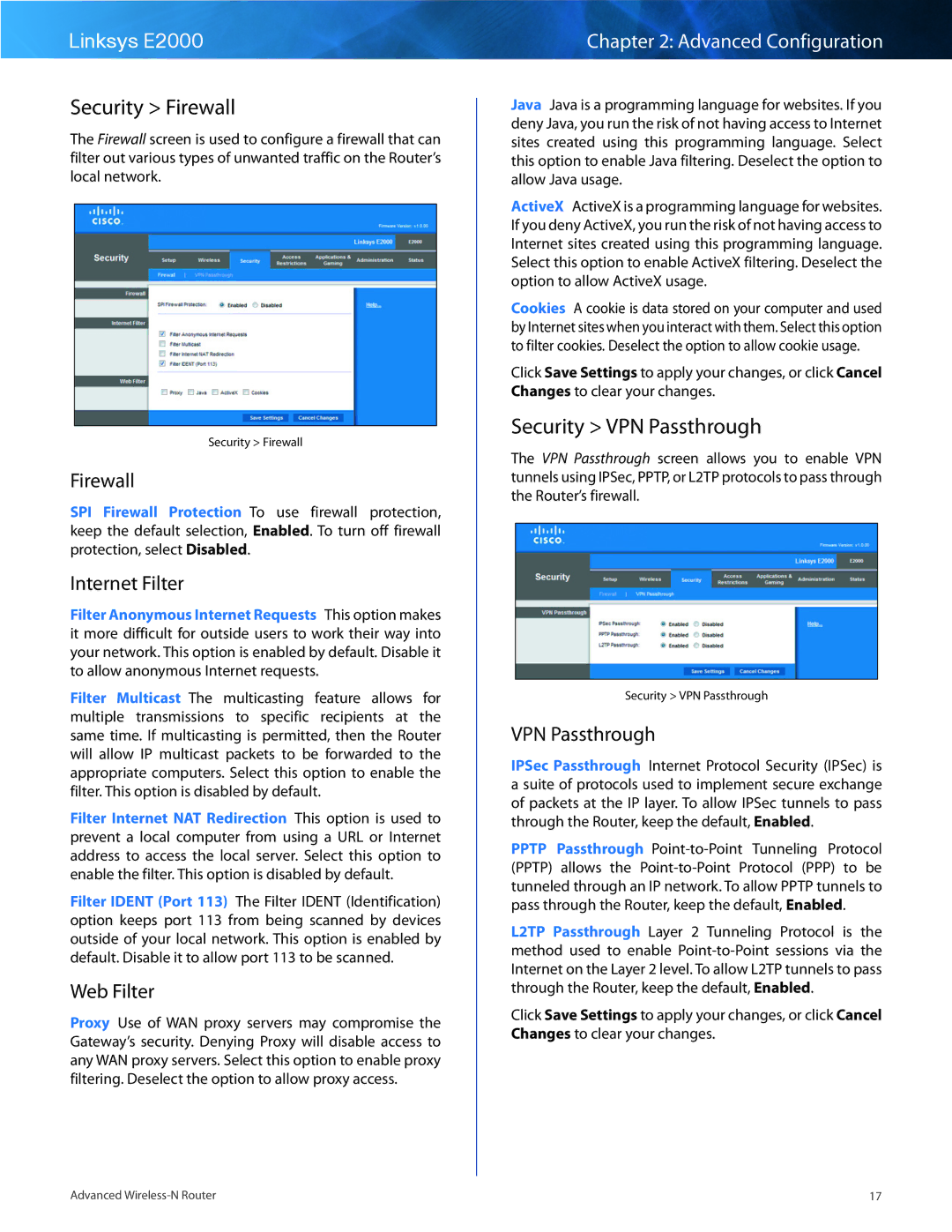 Cisco Systems E2000 manual Security Firewall, Security VPN Passthrough 