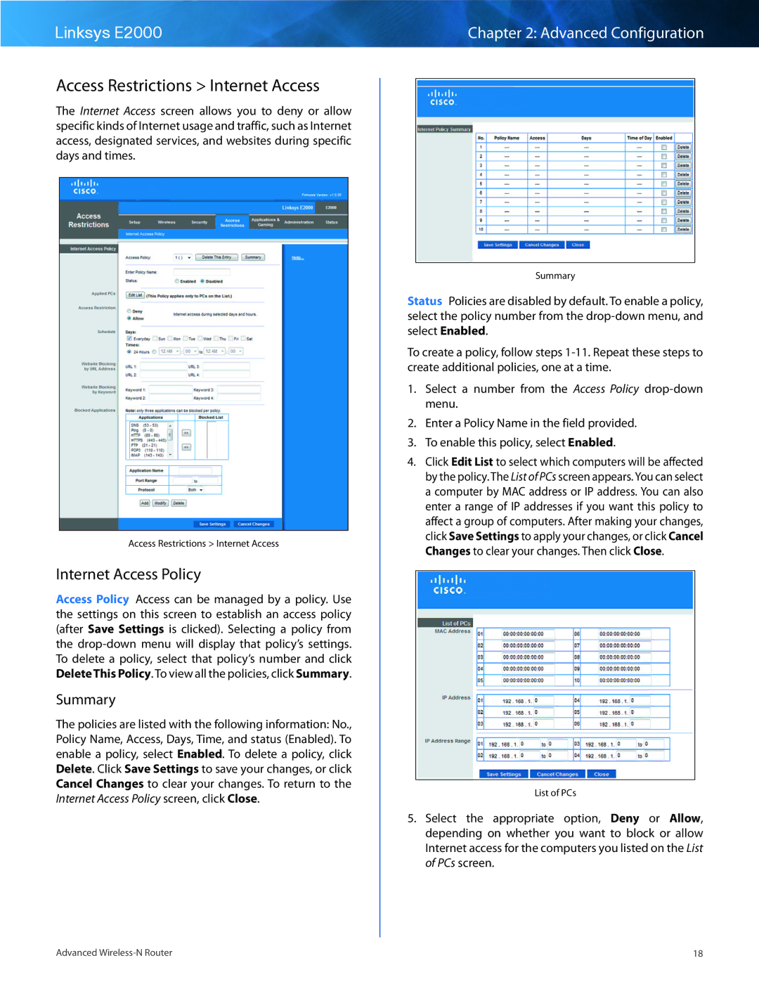 Cisco Systems E2000 manual Access Restrictions Internet Access, Internet Access Policy, Summary 