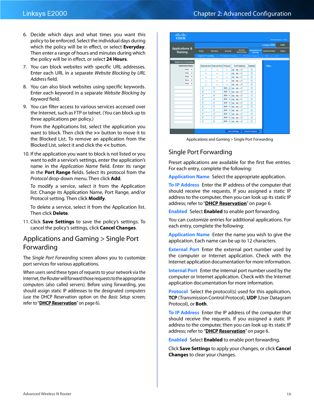 Cisco Systems manual Applications and Gaming Single Port Forwarding, Linksys E2000 Advanced Configuration 