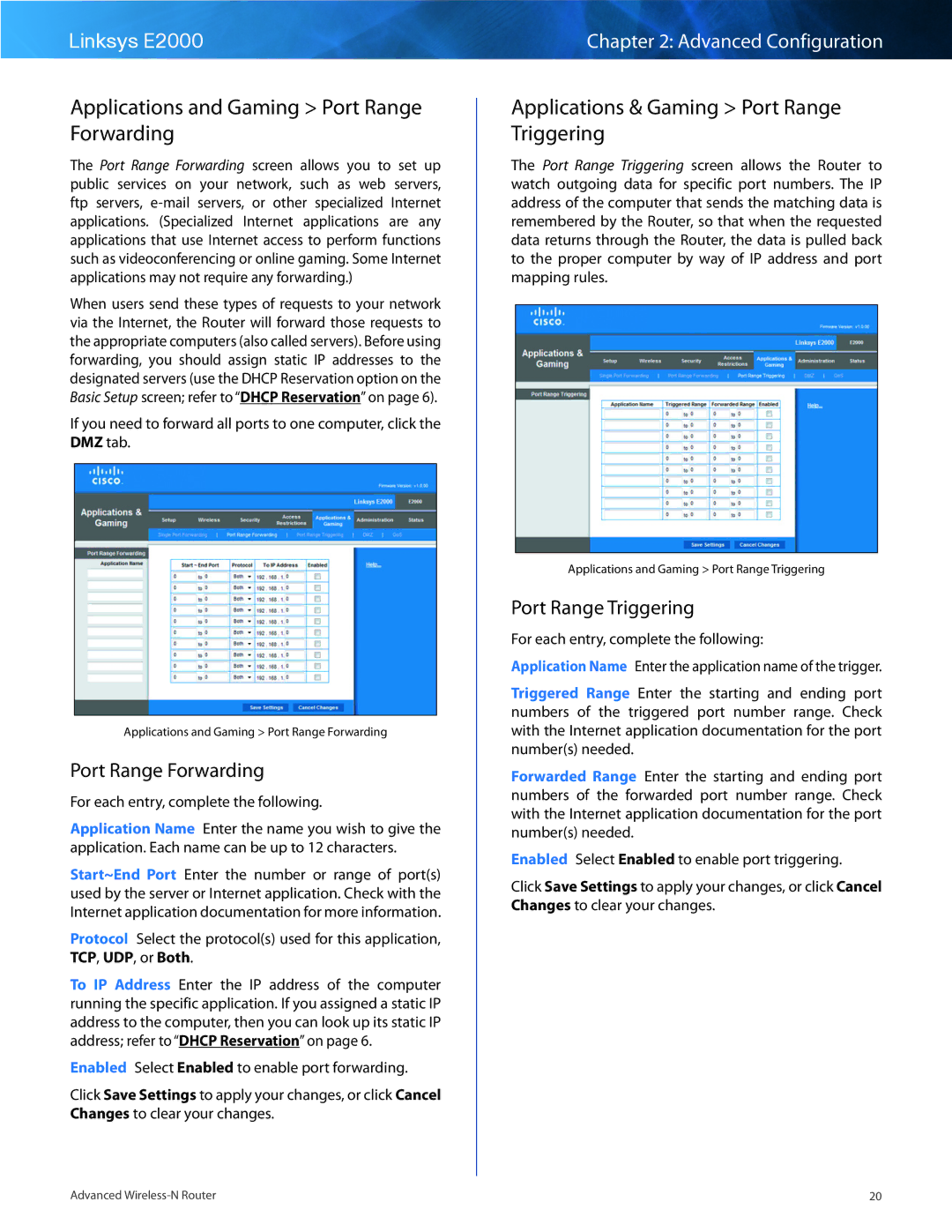 Cisco Systems E2000 manual Applications and Gaming Port Range Forwarding, Applications & Gaming Port Range Triggering 